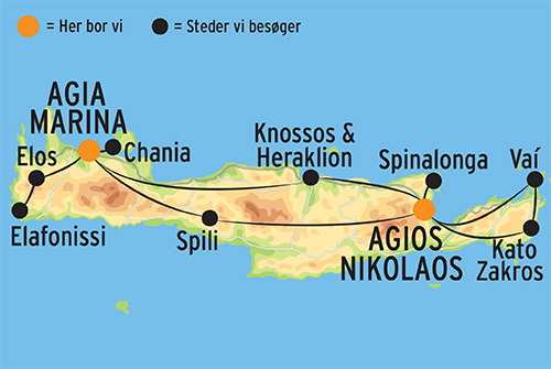 Kort over rejsen til Kreta
